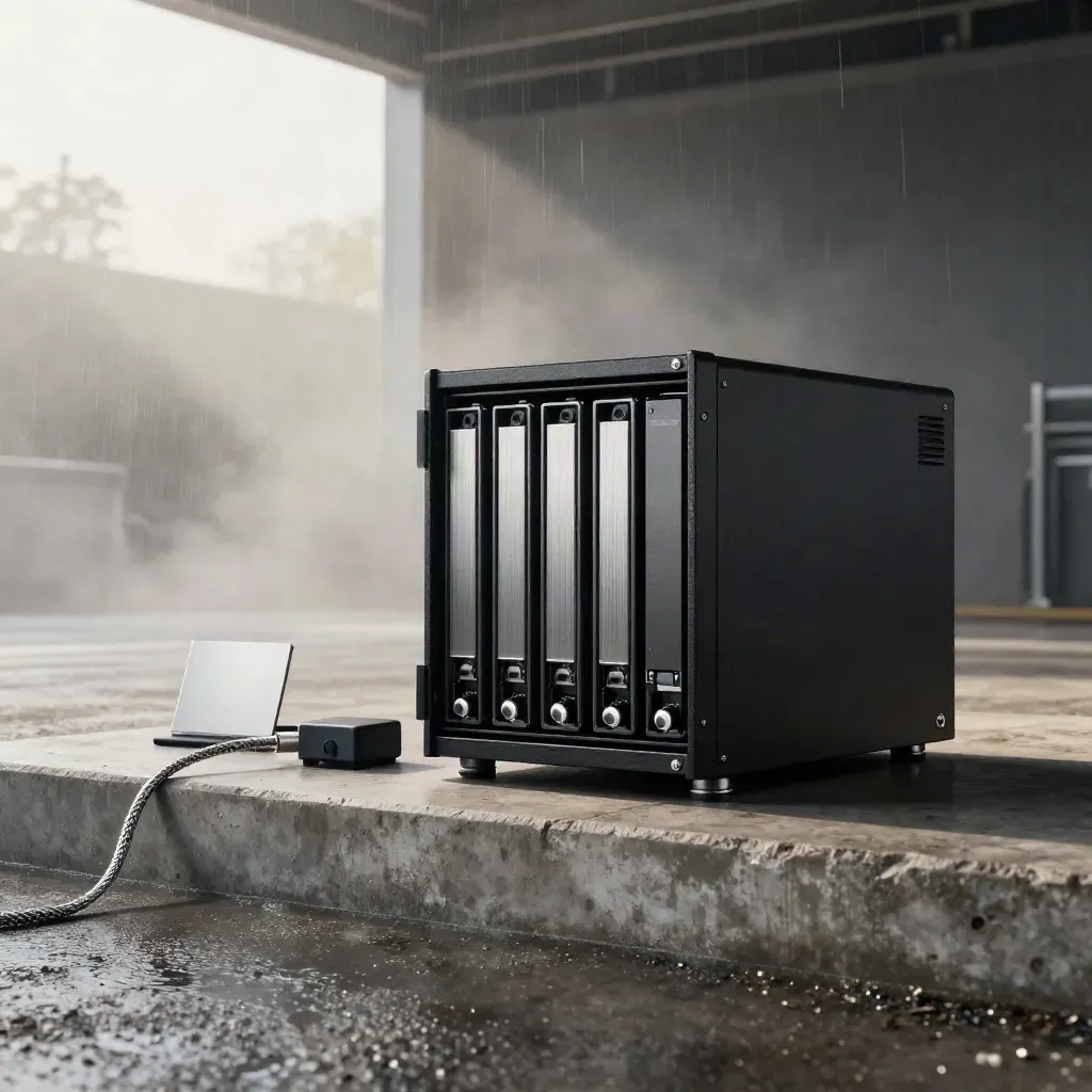 Matte-black backup vault appliance with cartridges, sync puck and cable in a misty loading bay.