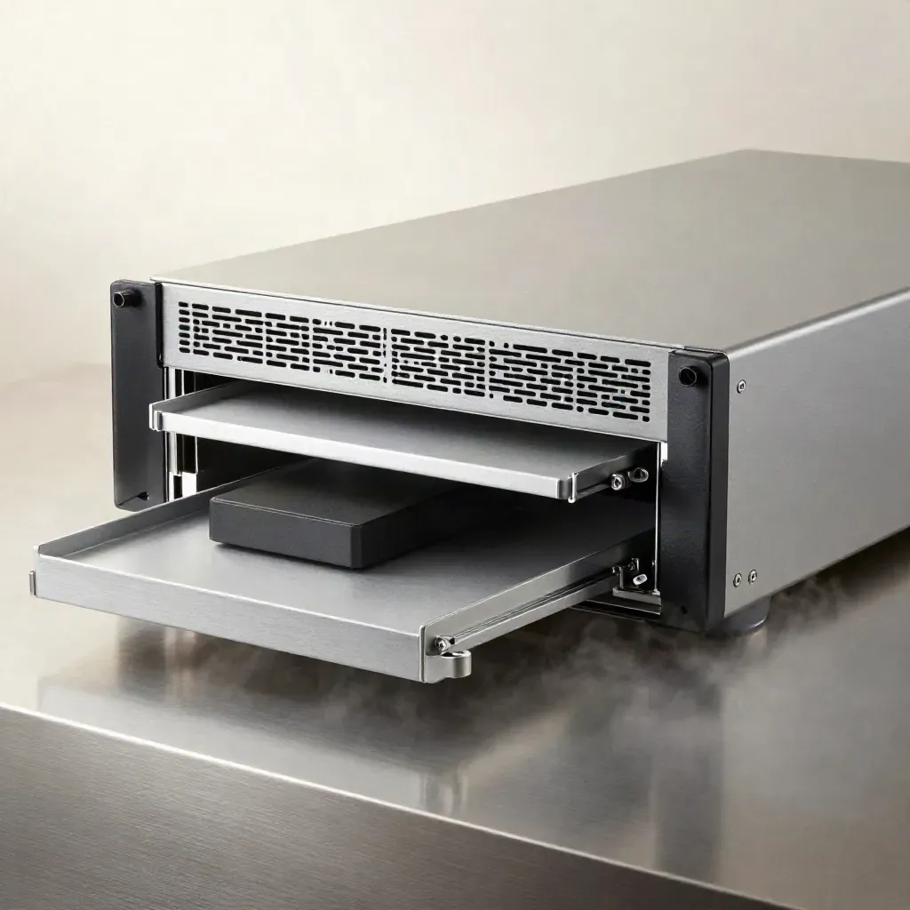 Rackmount backup chassis with sliding trays on brushed steel, lit by cool rim light and vapor