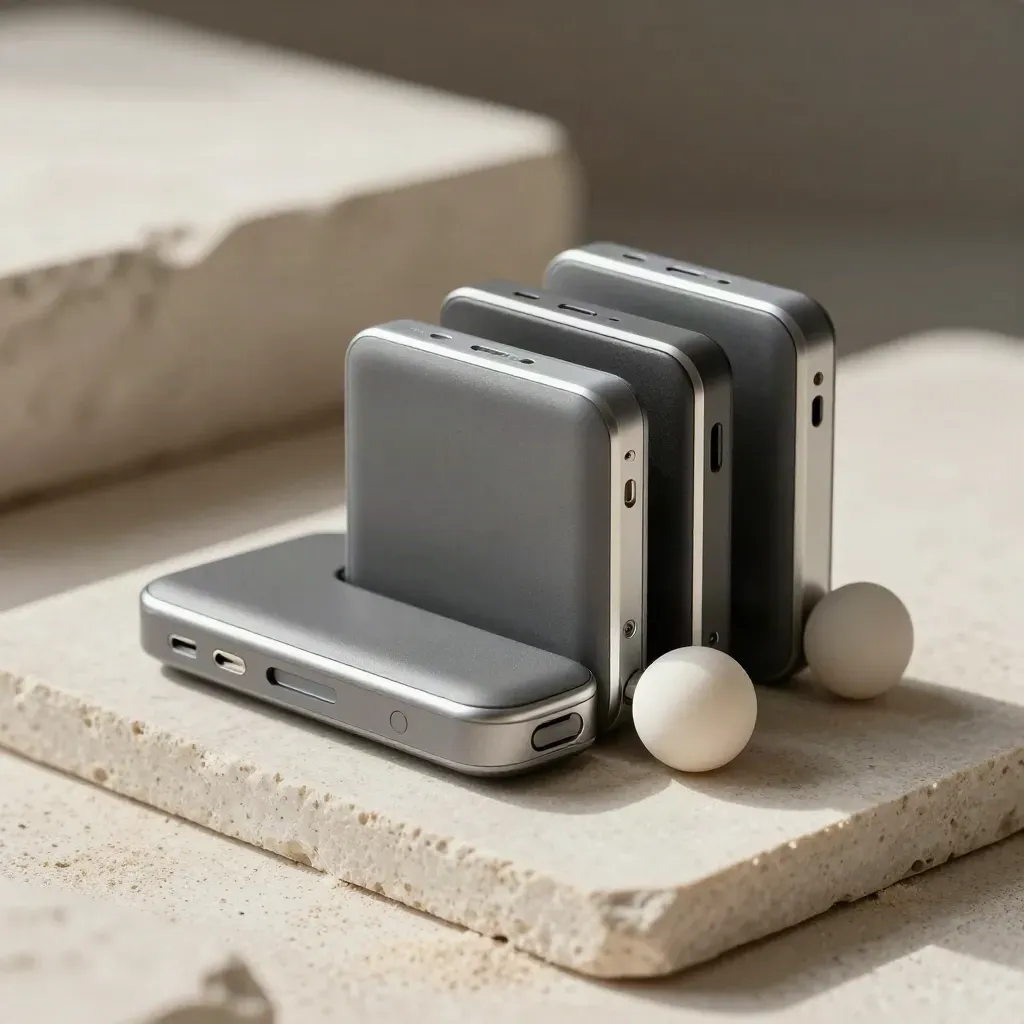 Macro of three compact backup modules and a white sync puck on a pale stone tray.