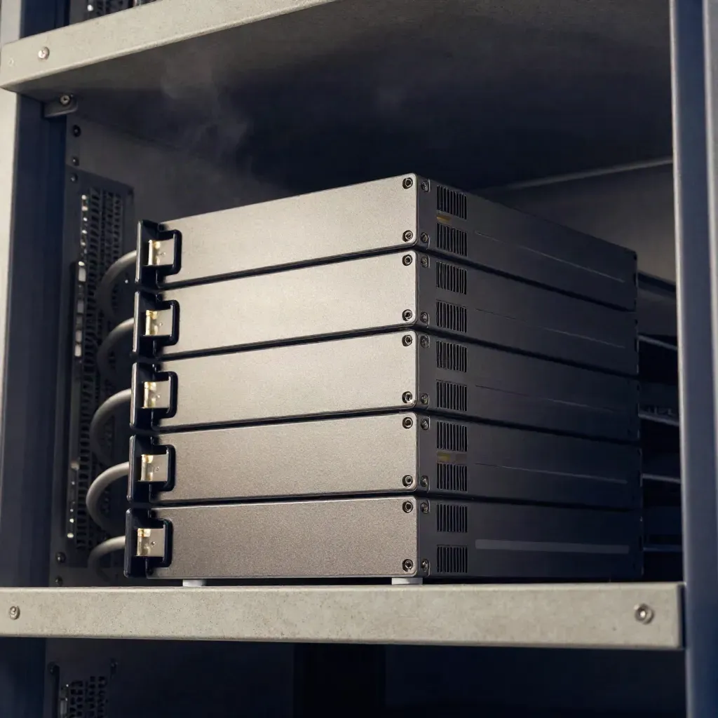Five slim backup units with a central controller block in a moody server alcove with cool vapor.