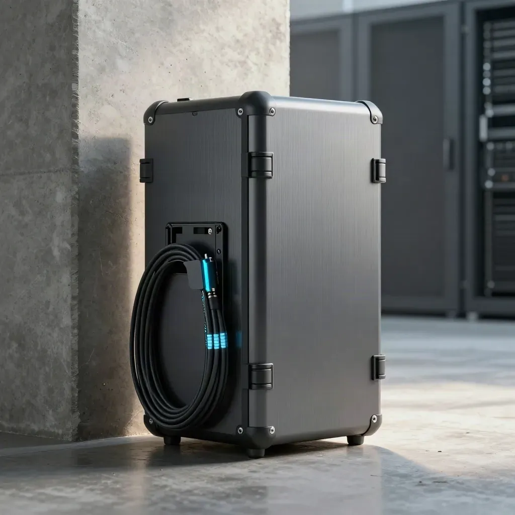 Disaster recovery case with drive bank and coiled cable beside a concrete column