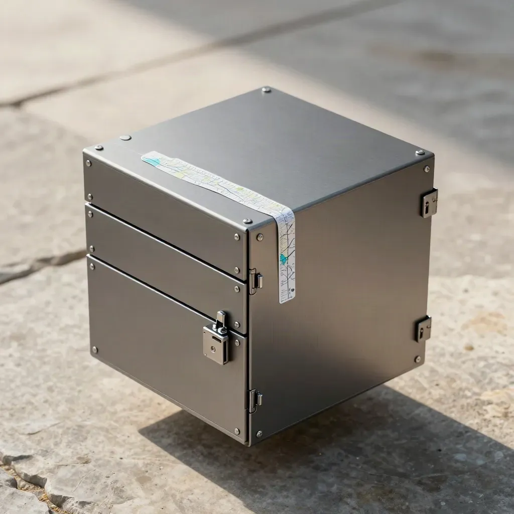 Top-down storage vault cube with twin drives and cable path on stone