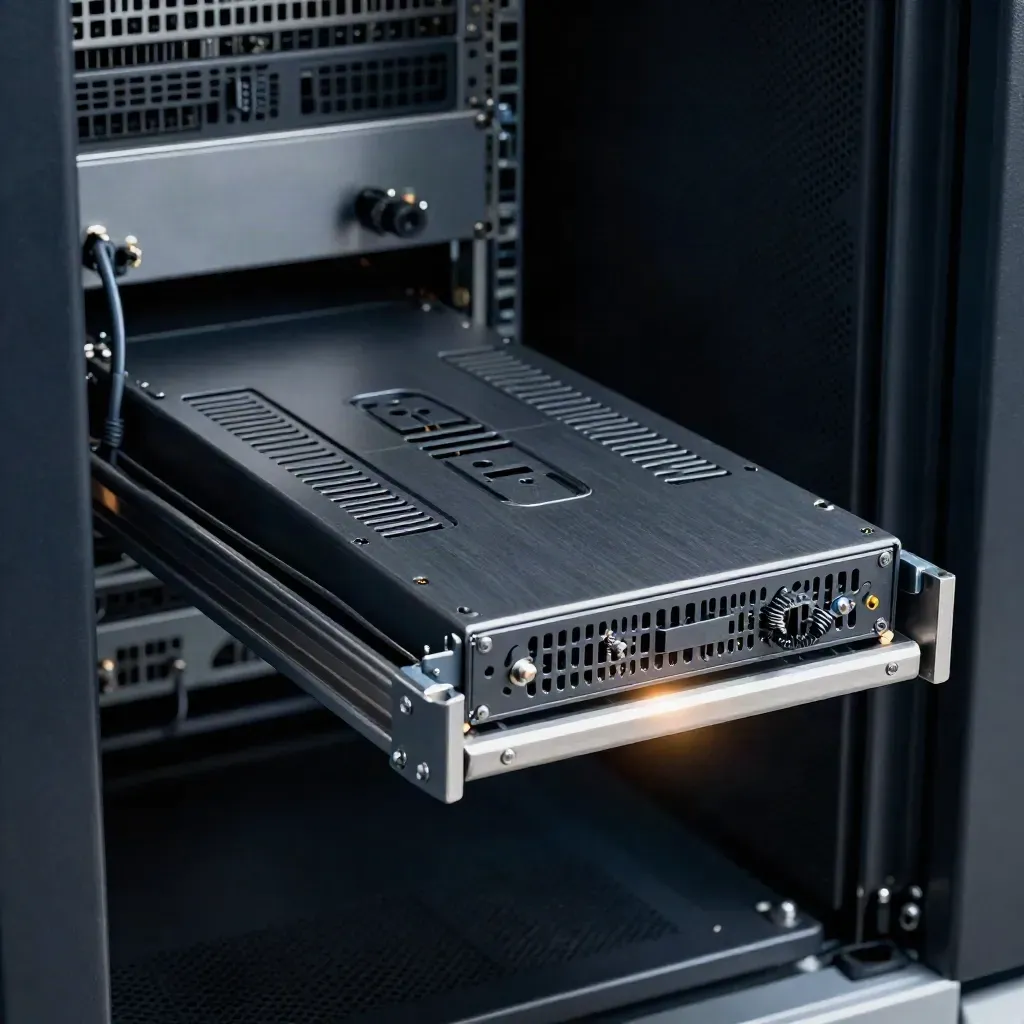 Rack-mount restore module sliding from a graphite base with spare sled, cable loop and cool vapor.