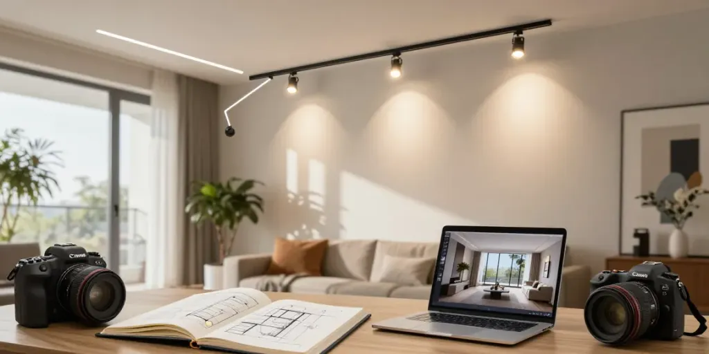 Design interior elegant cu sina magnetica iluminata de spoturi LED